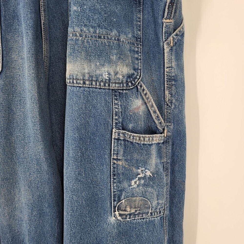 Vintage 90s Carhartt Loose Fit Denim Overalls Work Worn Distressed Blue 42 x 30 - Picture 11 of 15
